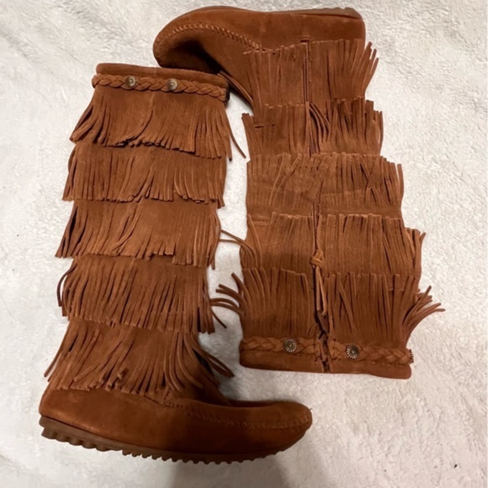 MINNETONKA Moccasins 1652 Women's 5 Layers Fringes Brown Suede Boots 6 - Picture 4 of 16